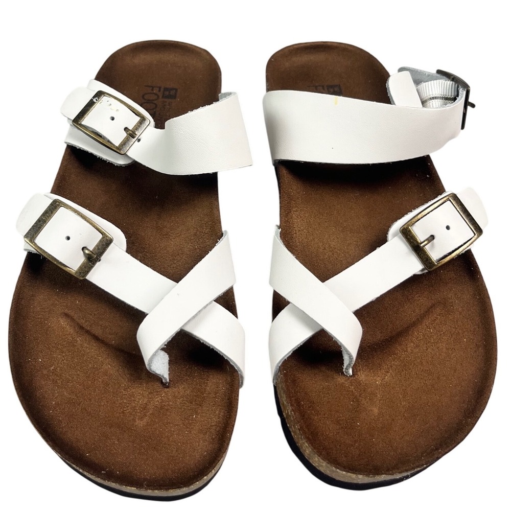 White Mountain Footbeds Gracie White Leather Toe Loop Buckle Sandals Womens 6M